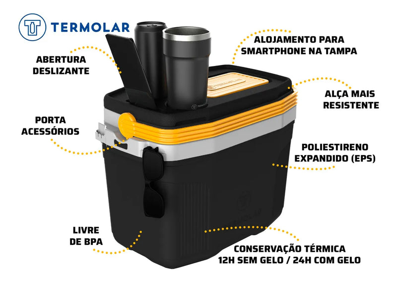 Caixa Termica Suv Cooler Com Alça 20 Litros Praia Pesca Camping Cor Preto E Amarelo Termolar